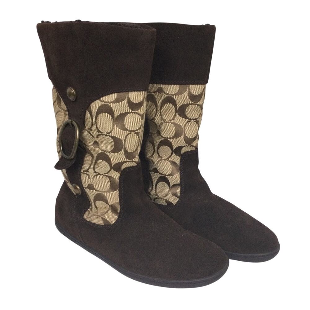 COACH Meyer Signature C Logo Canvas Suede Pull On Lined Winter Flat Boot Size 8B